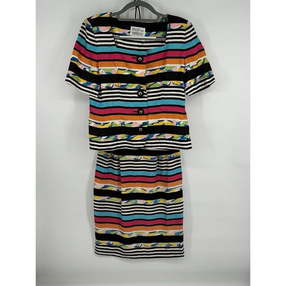 Vtg Rickie‎ Freeman/Teri Jon 2 Pc. Coordinated Stripped Linen Top & Silk Skirt 8 - Picture 1 of 8